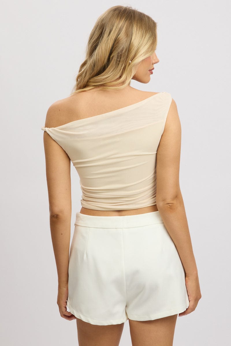 Beige Off Shoulder Top Mesh
