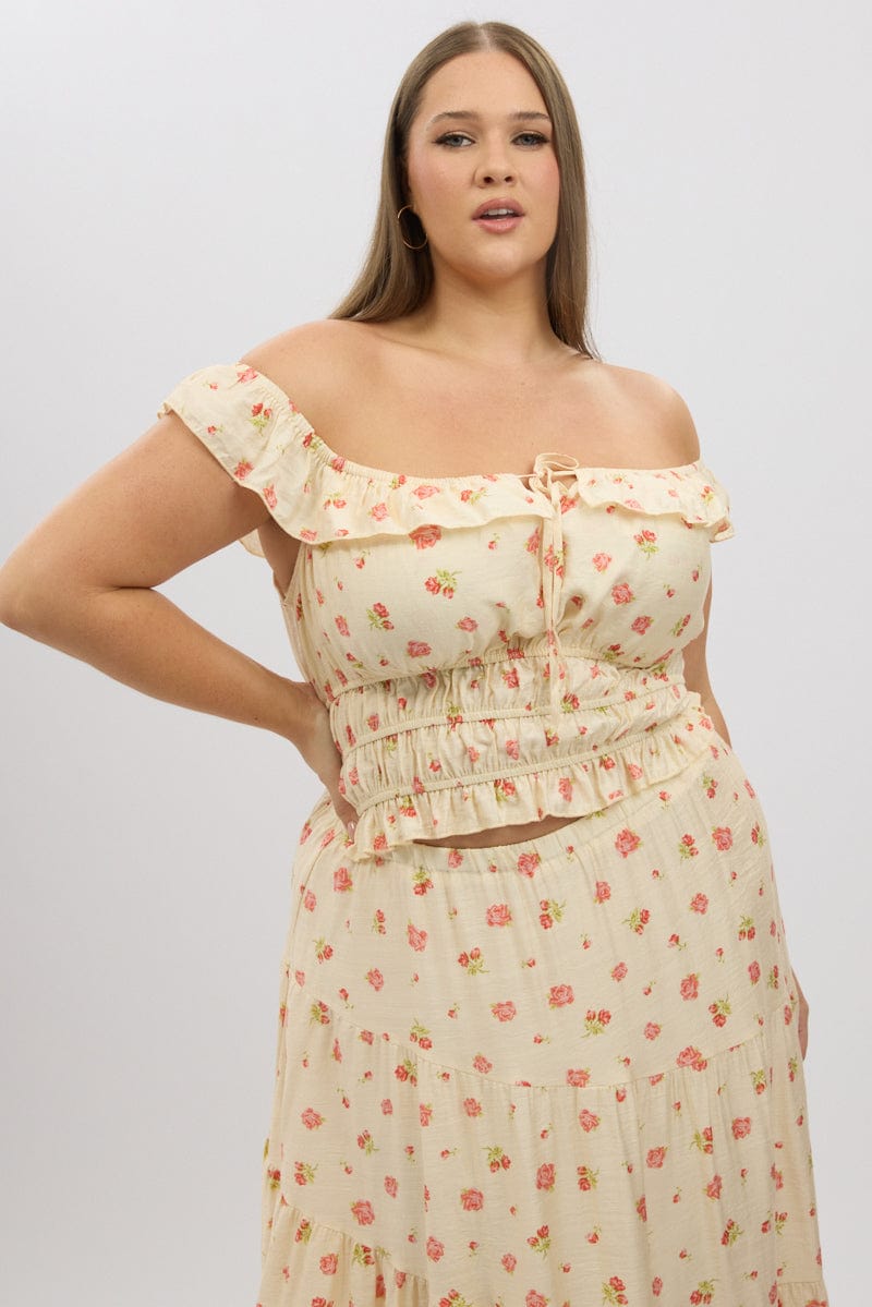 Pink Floral Crop Top Off Shoulder