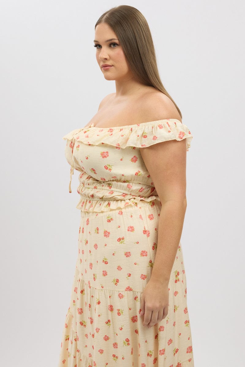 Pink Floral Crop Top Off Shoulder