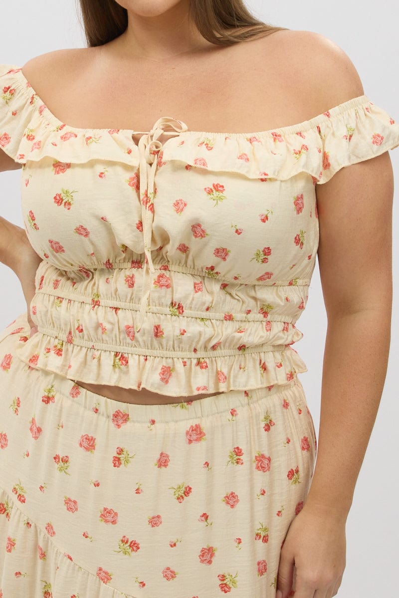 Pink Floral Crop Top Off Shoulder