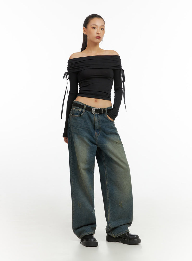 Shirred Solid Off Shoulder Crop Top IO409