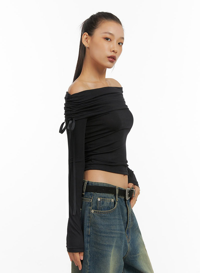 Shirred Solid Off Shoulder Crop Top IO409