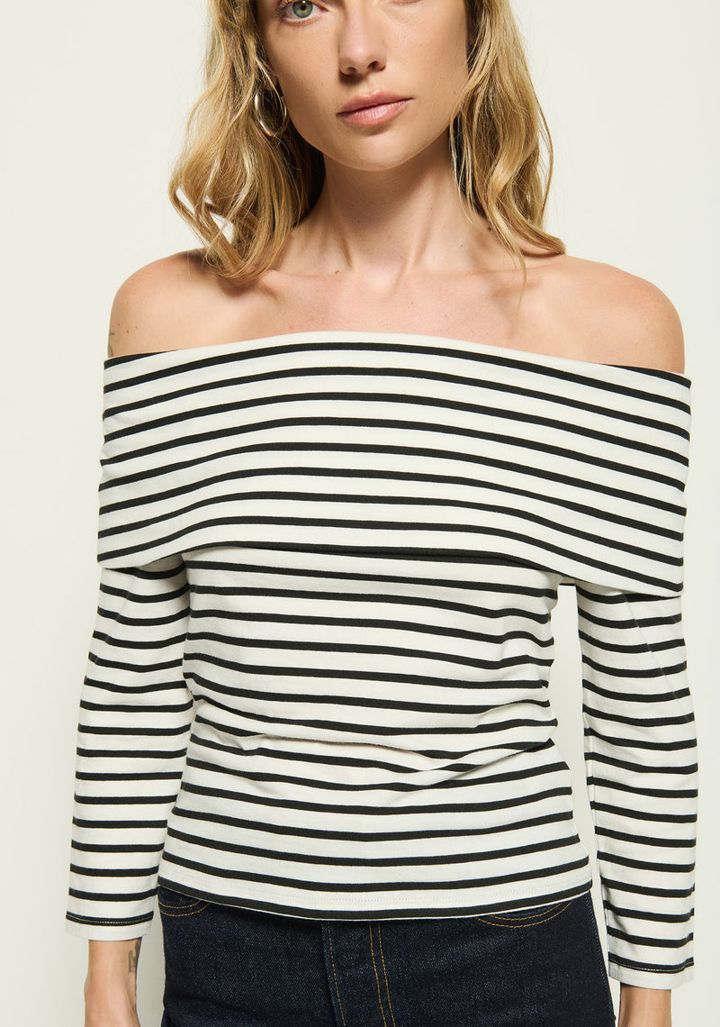 Nation Ltd - Alexi Off the Shoulder T-Shirt in Cross Walk Stripe