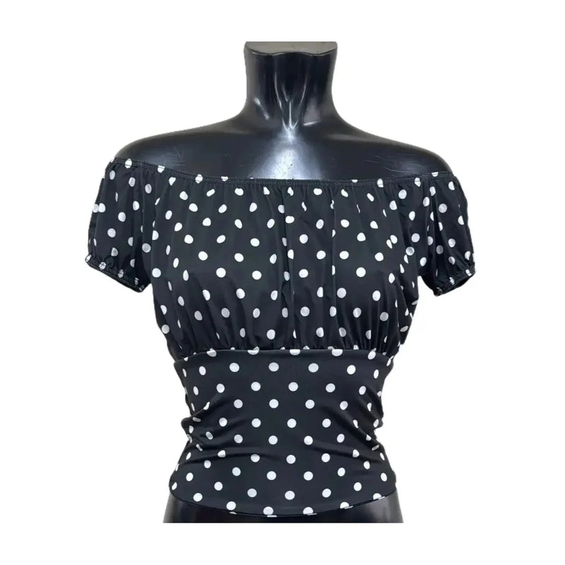 Black and White Polka Dot Stretch Off the Shoulder Ruched Top