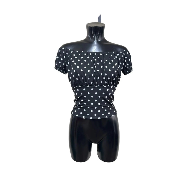Black and White Polka Dot Stretch Off the Shoulder Ruched Top