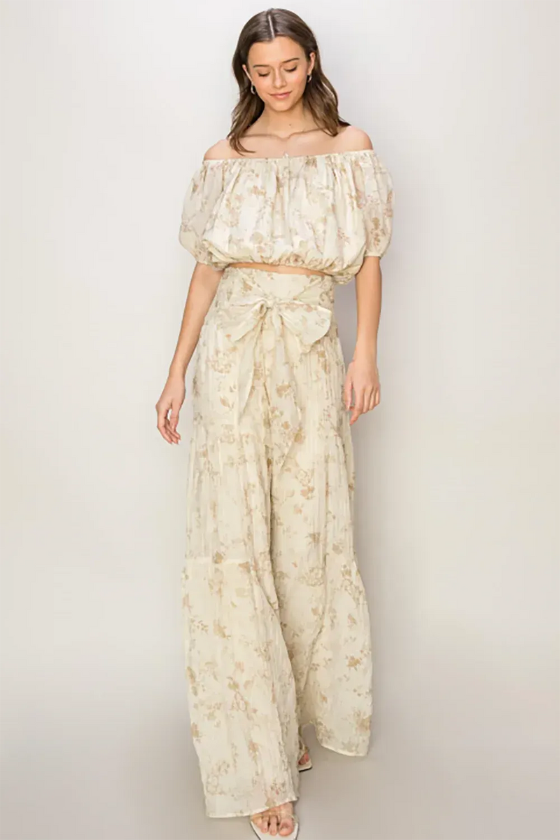 Taupe Floral Off-Shoulder Elastic Hem Puff Sleeve Crop Top