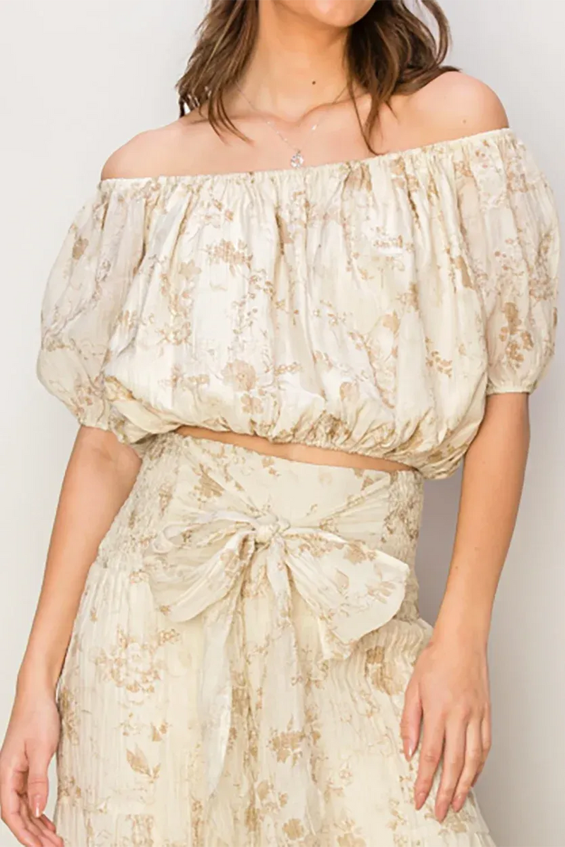 Taupe Floral Off-Shoulder Elastic Hem Puff Sleeve Crop Top