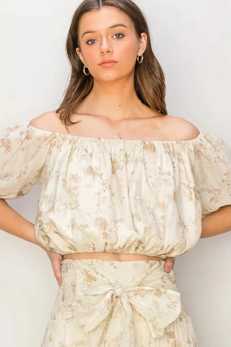 Taupe Floral Off-Shoulder Elastic Hem Puff Sleeve Crop Top