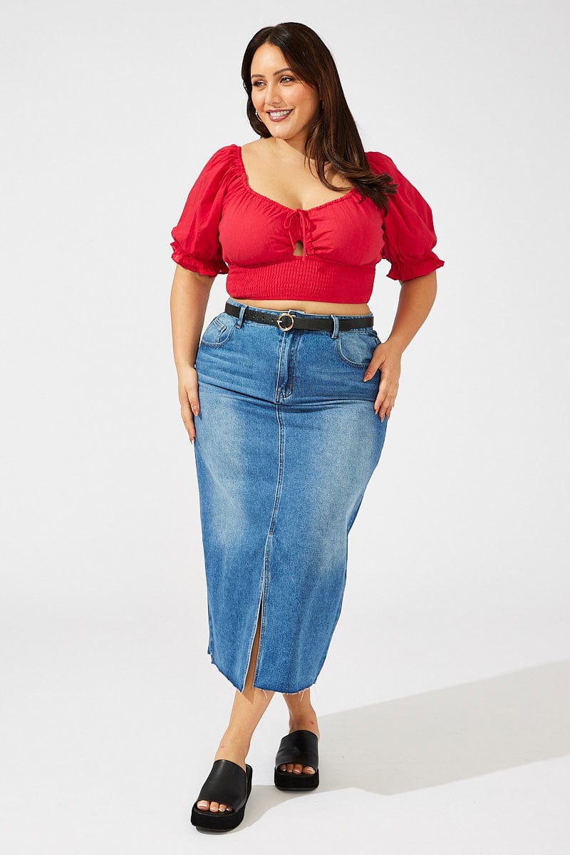 Red Crop Top Short Sleeve Cut Out Shirred
