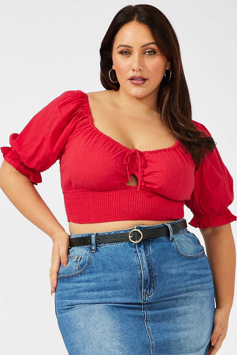 Red Crop Top Short Sleeve Cut Out Shirred
