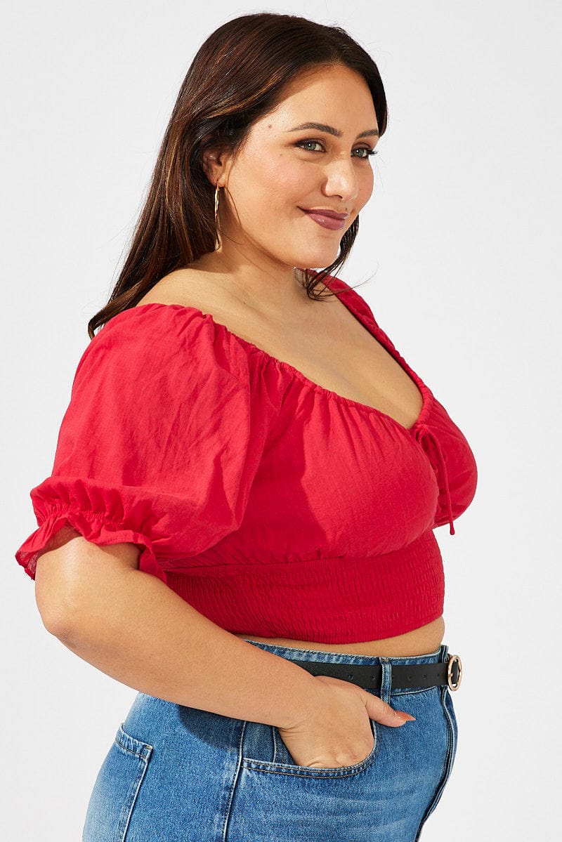 Red Crop Top Short Sleeve Cut Out Shirred