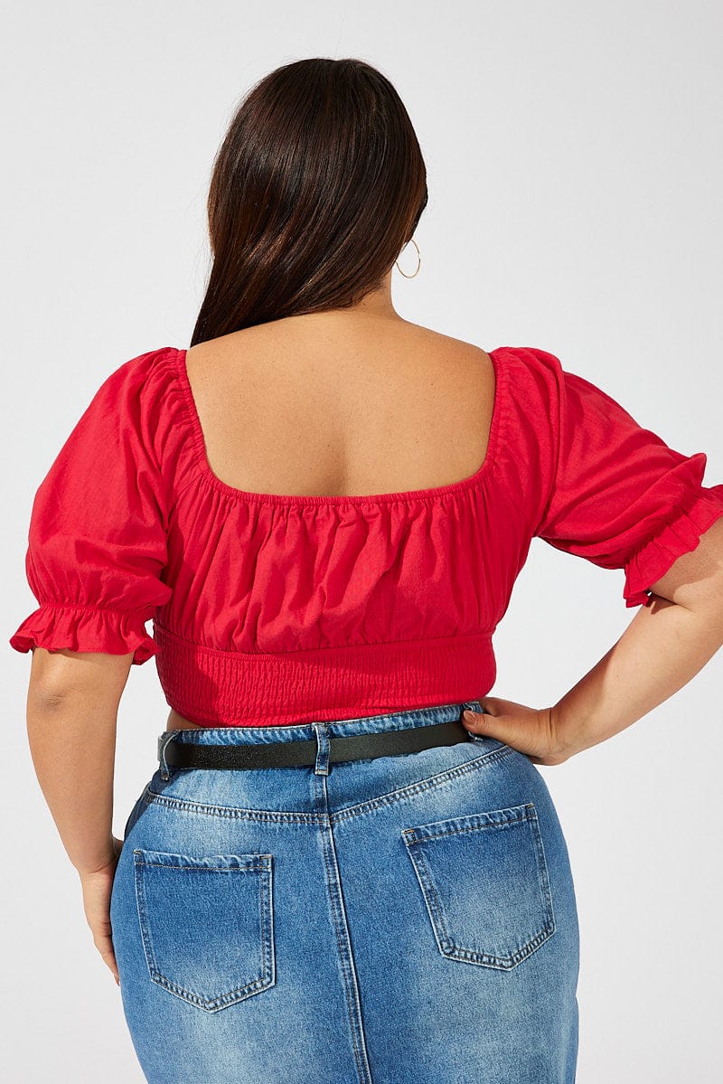 Red Crop Top Short Sleeve Cut Out Shirred