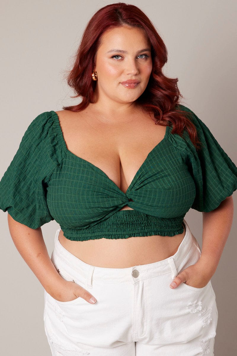 Green Crop Top Short Sleeve Cut Out Textured