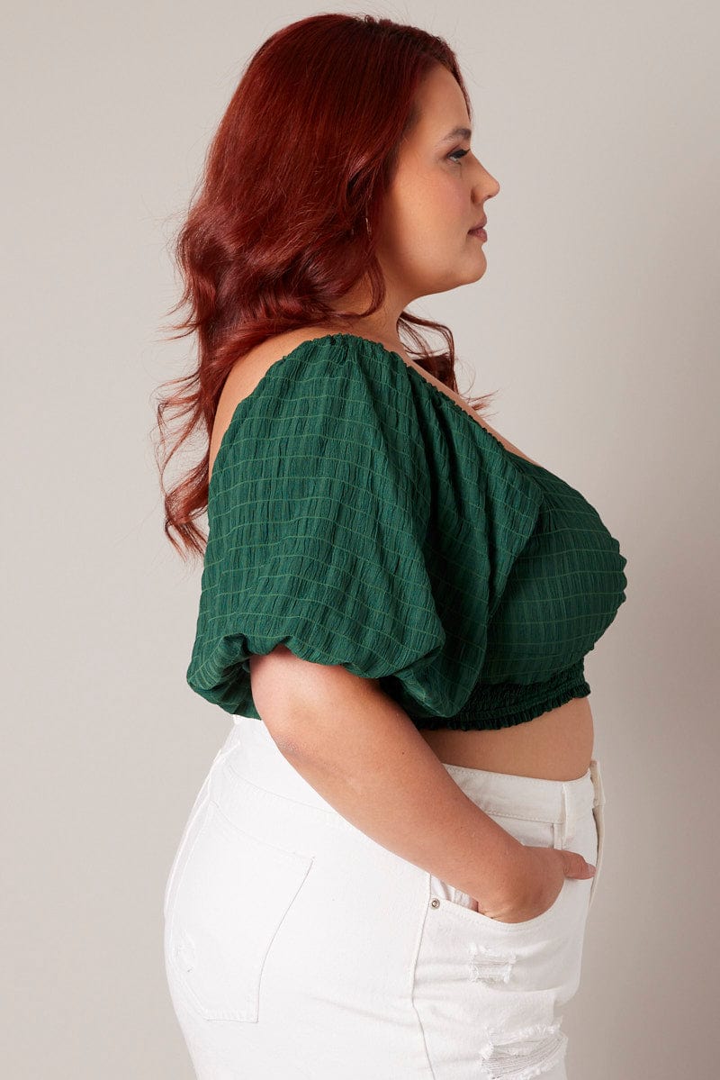 Green Crop Top Short Sleeve Cut Out Textured