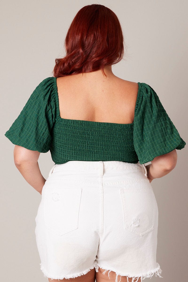 Green Crop Top Short Sleeve Cut Out Textured