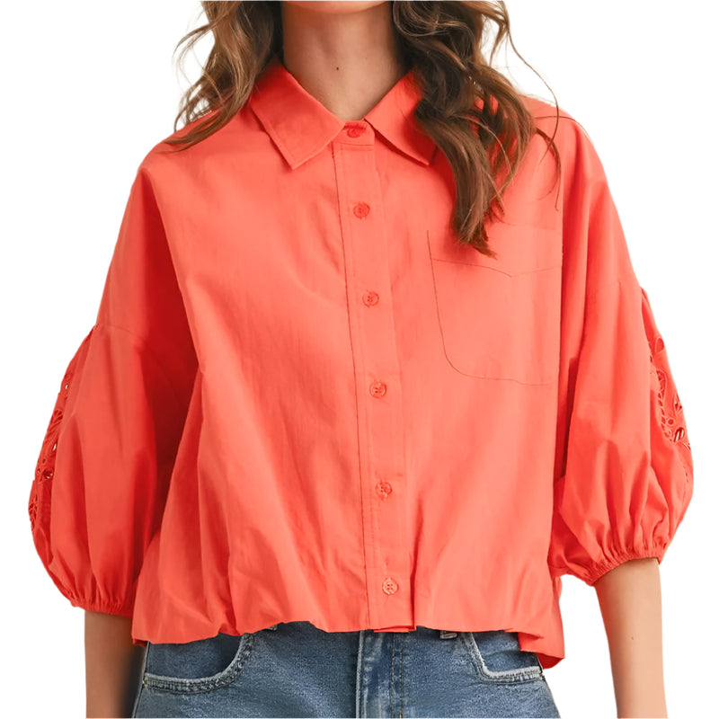 Embroidered Cut Out Bubble Sleeve Top - Coral Orange