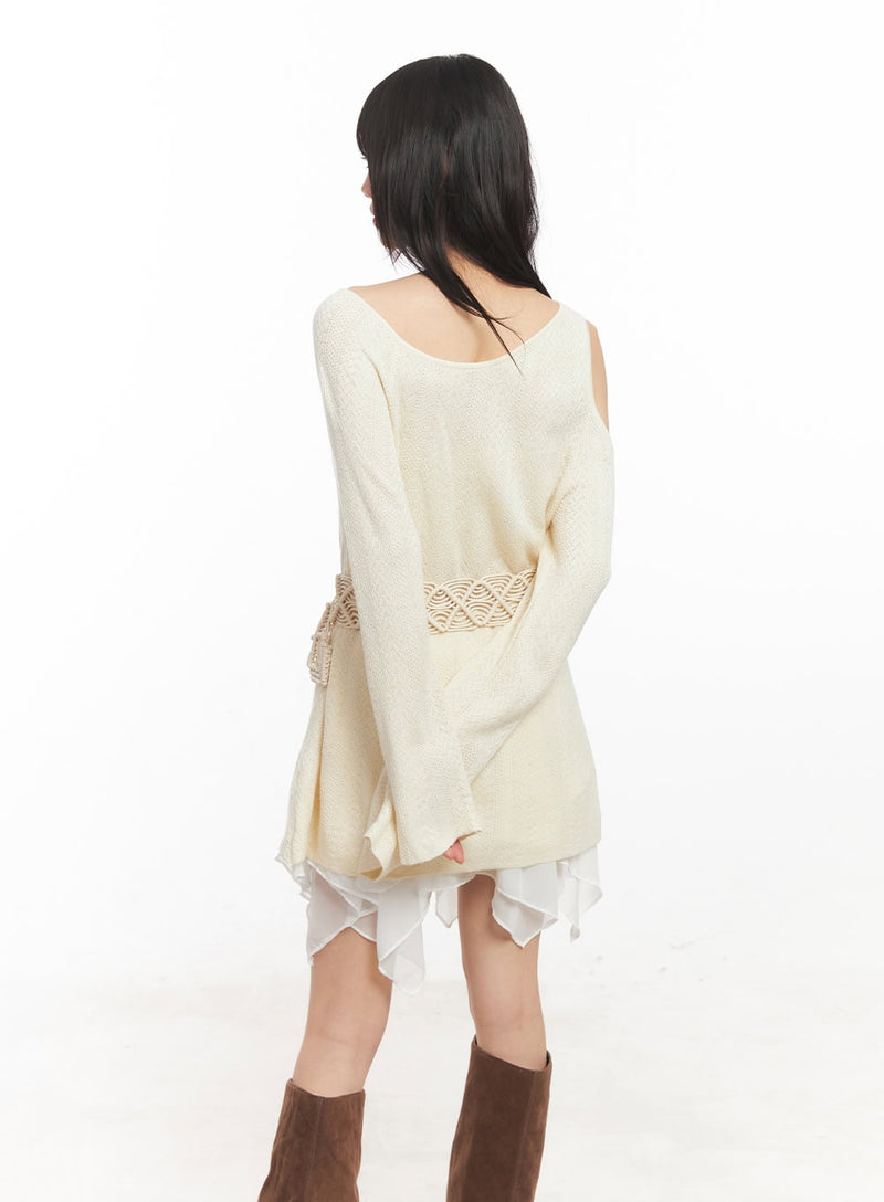 Cut-Out Maxi Sweater with Belt and Corsage CA522