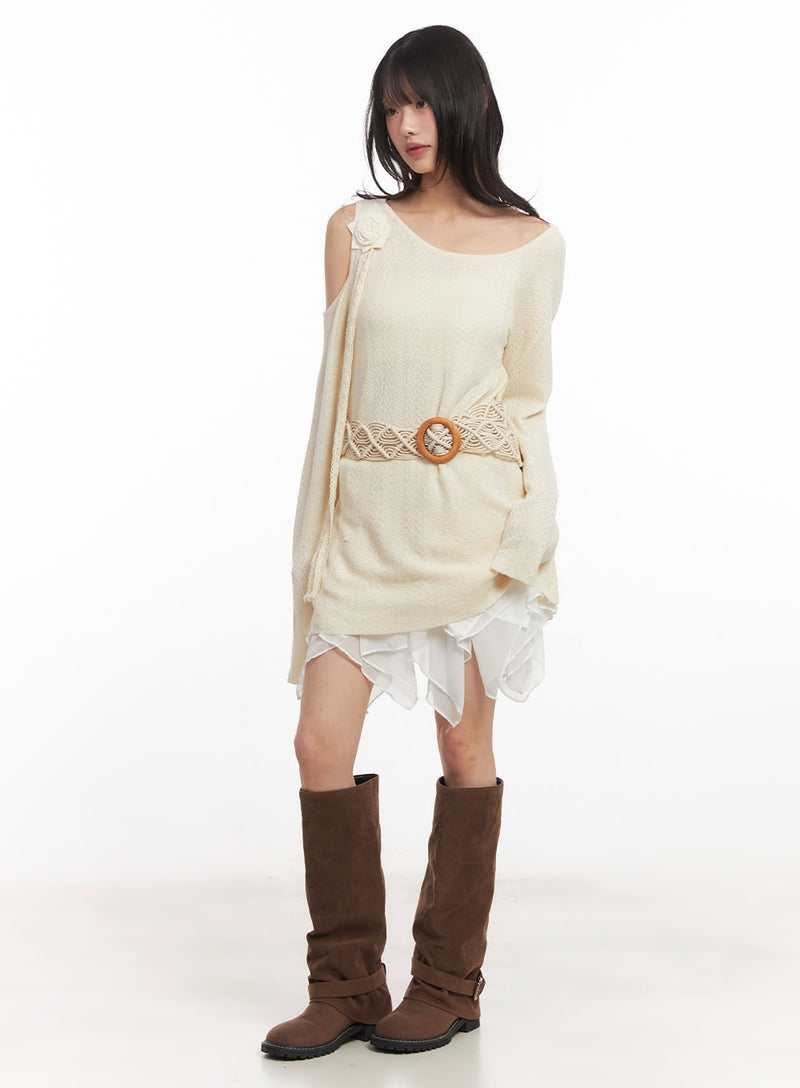 Cut-Out Maxi Sweater with Belt and Corsage CA522