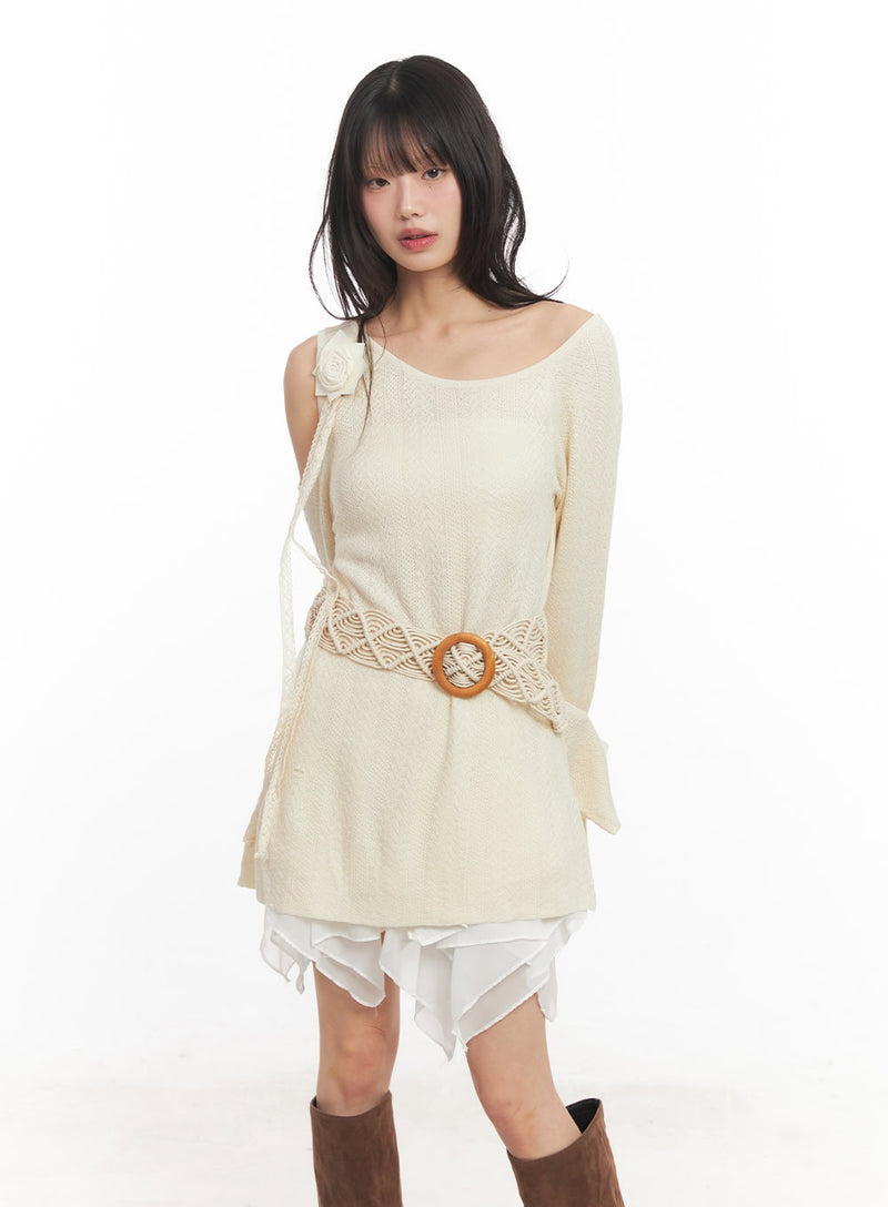 Cut-Out Maxi Sweater with Belt and Corsage CA522