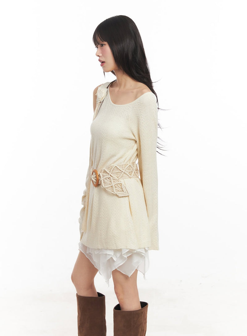 Cut-Out Maxi Sweater with Belt and Corsage CA522