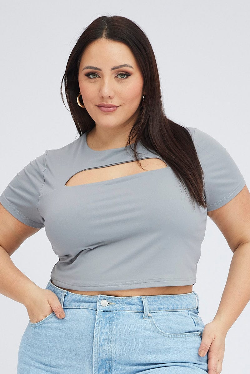 Grey Cut Out Top Short Sleeve Supersoft