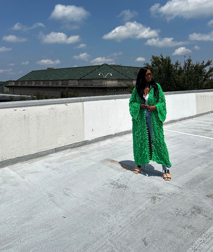 PRE-ORDER Denim Distressed Cut Out  Open Front Long Cardigan - Kelly Green Ships 6/20