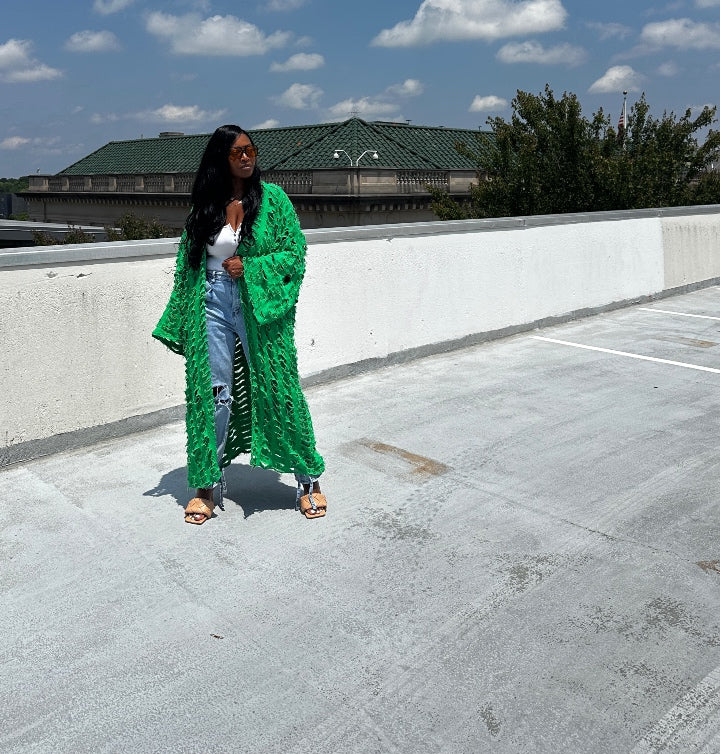 PRE-ORDER Denim Distressed Cut Out  Open Front Long Cardigan - Kelly Green Ships 6/20