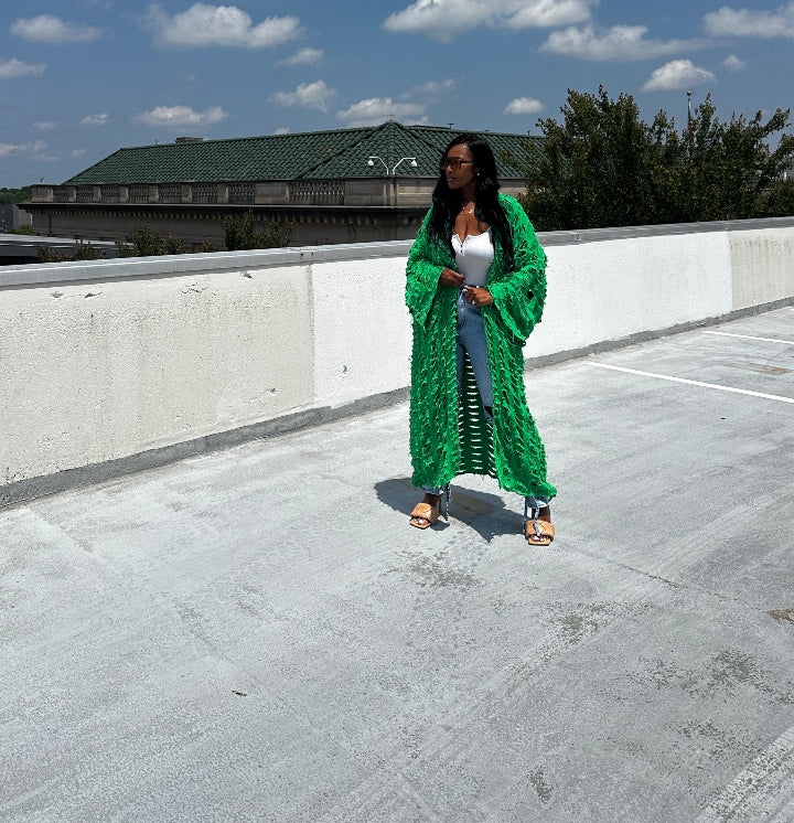 PRE-ORDER Denim Distressed Cut Out  Open Front Long Cardigan - Kelly Green Ships 6/20