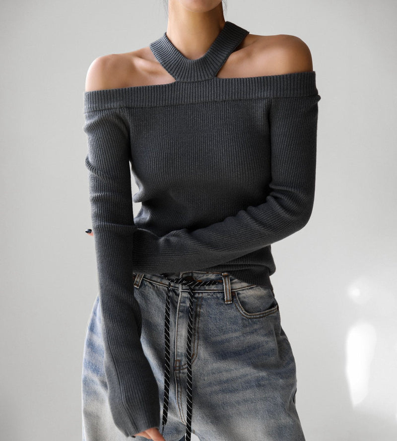 [Ready to ship] [PAPERMOON] AW / Cut Out Halter Neck Detail Ribbed Knit Top