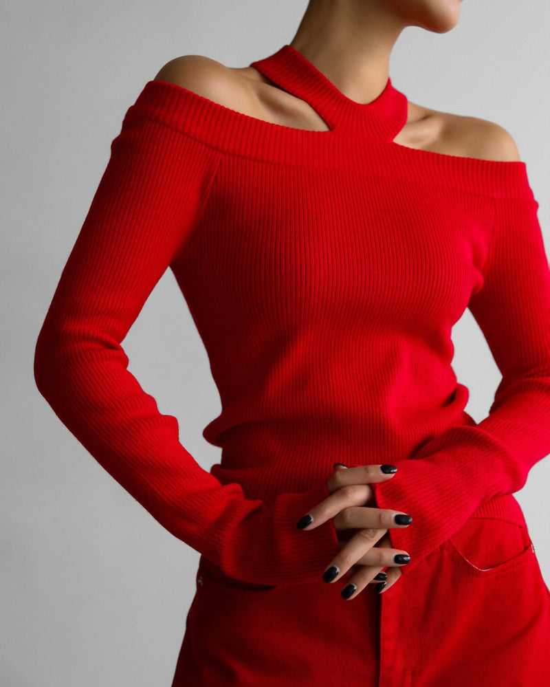 [Ready to ship] [PAPERMOON] AW / Cut Out Halter Neck Detail Ribbed Knit Top