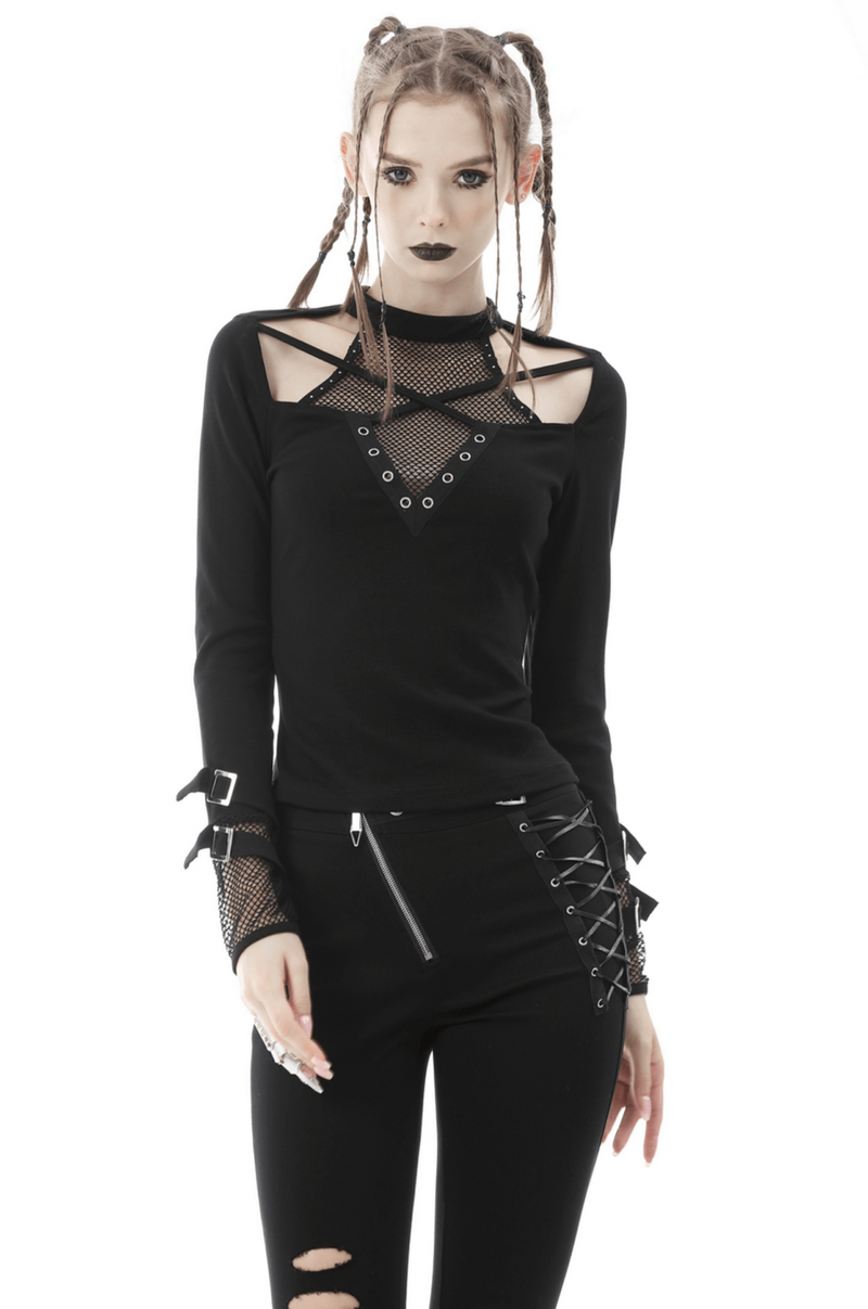 Edgy Black Cut-Out Mesh-Panel Top with Stud Details