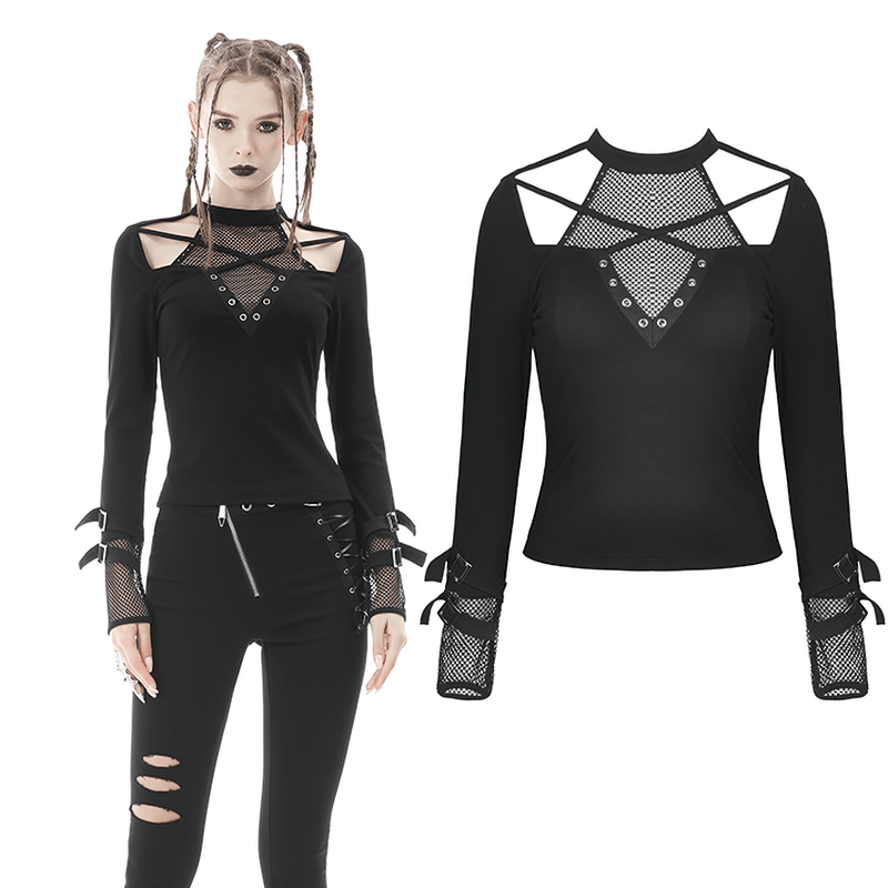 Edgy Black Cut-Out Mesh-Panel Top with Stud Details