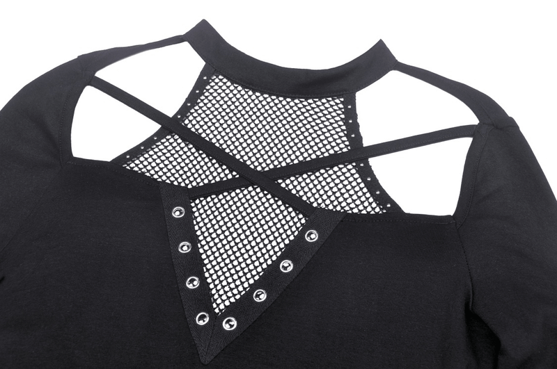 Edgy Black Cut-Out Mesh-Panel Top with Stud Details