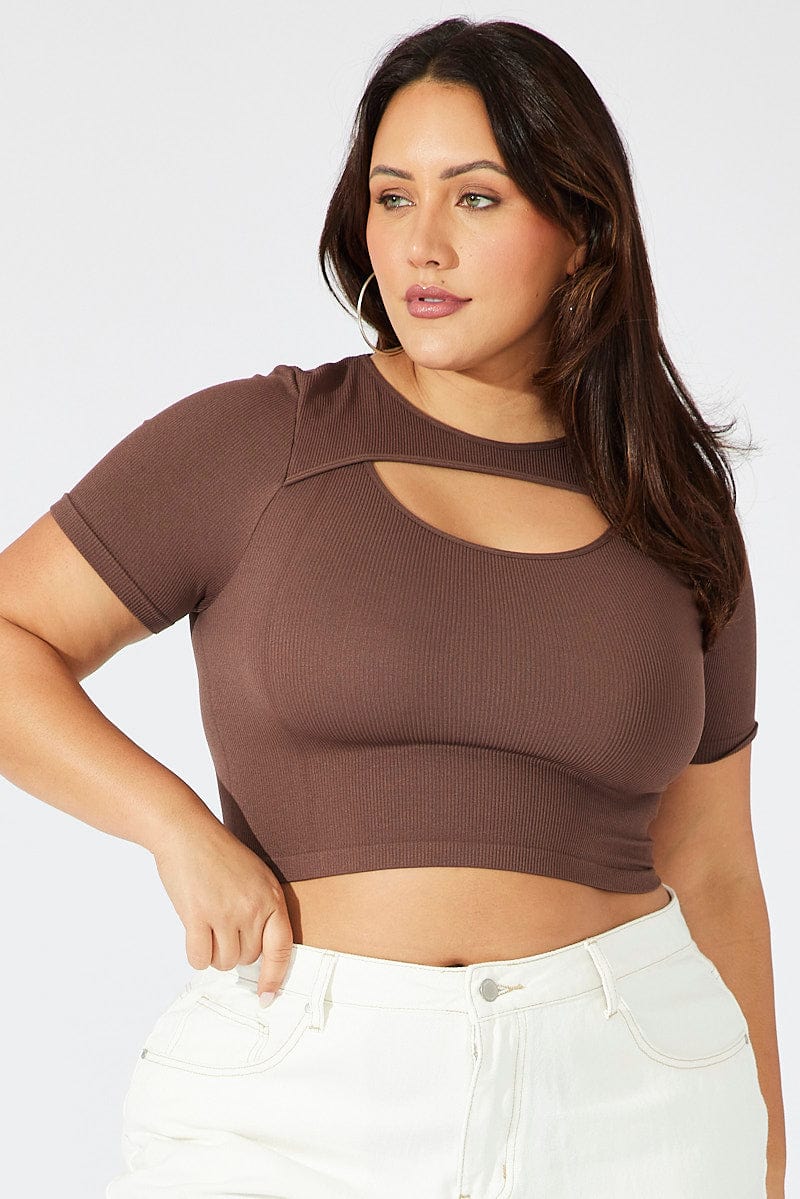 Brown Cut Out Top Short Sleeve Crew Neck Seamless