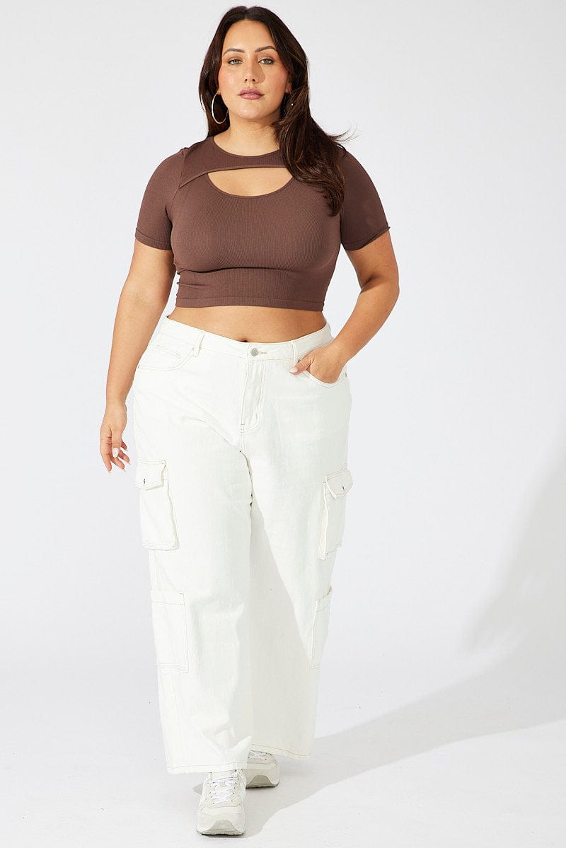 Brown Cut Out Top Short Sleeve Crew Neck Seamless