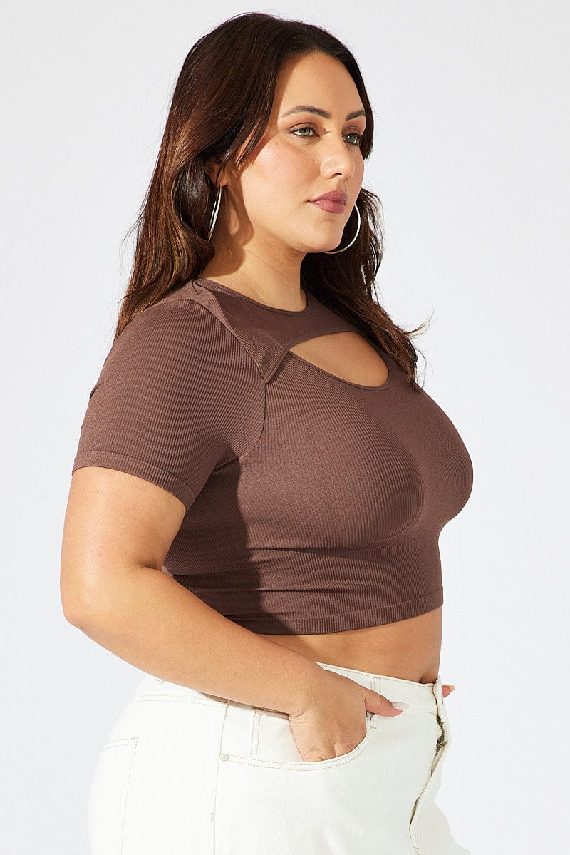 Brown Cut Out Top Short Sleeve Crew Neck Seamless