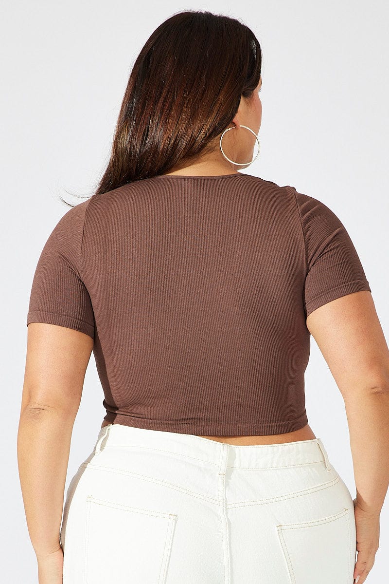 Brown Cut Out Top Short Sleeve Crew Neck Seamless