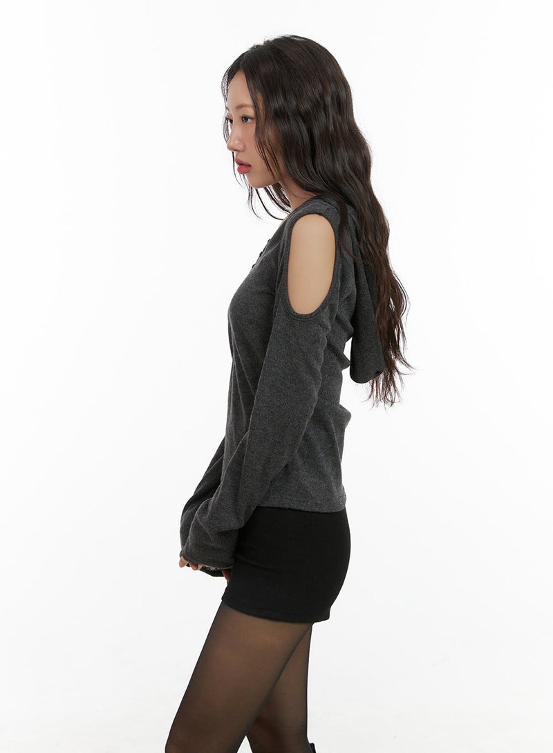 Cut-Out Shoulder Hooded Long Sleeve Top CG422
