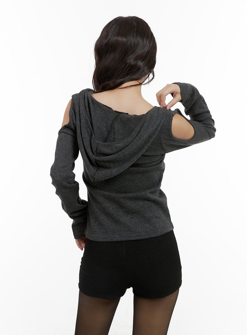 Cut-Out Shoulder Hooded Long Sleeve Top CG422