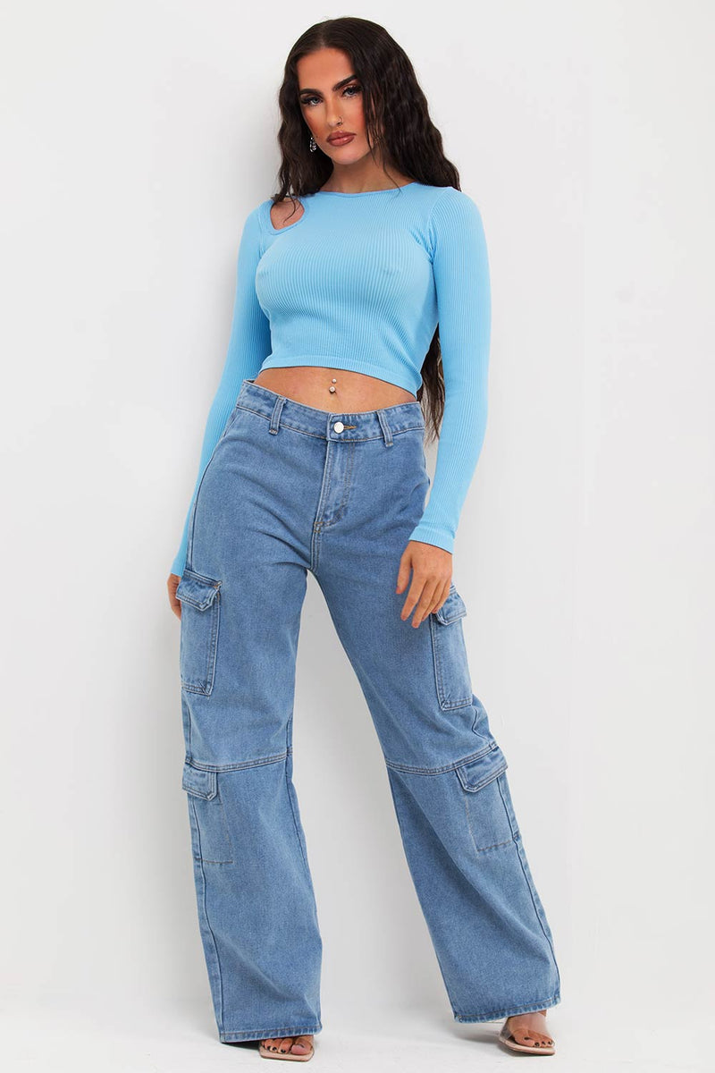 Ribbed Cut Out Long Sleeve Crop Top Sky Blue