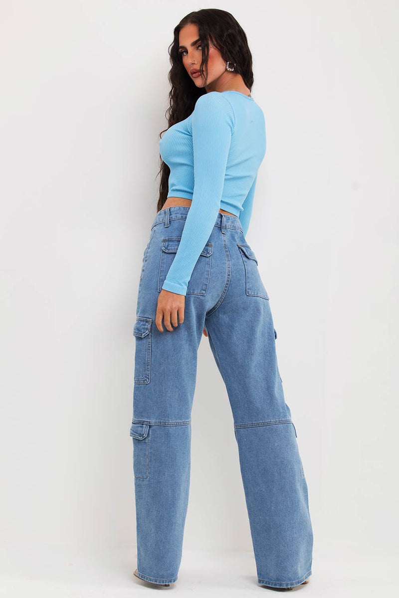 Ribbed Cut Out Long Sleeve Crop Top Sky Blue