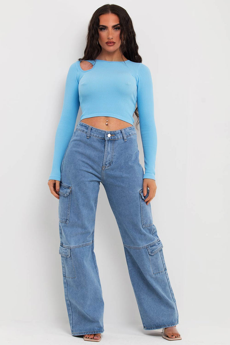 Ribbed Cut Out Long Sleeve Crop Top Sky Blue