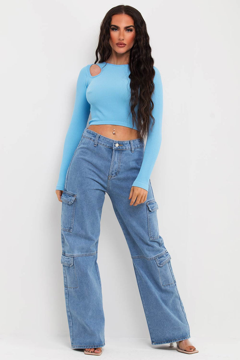 Ribbed Cut Out Long Sleeve Crop Top Sky Blue