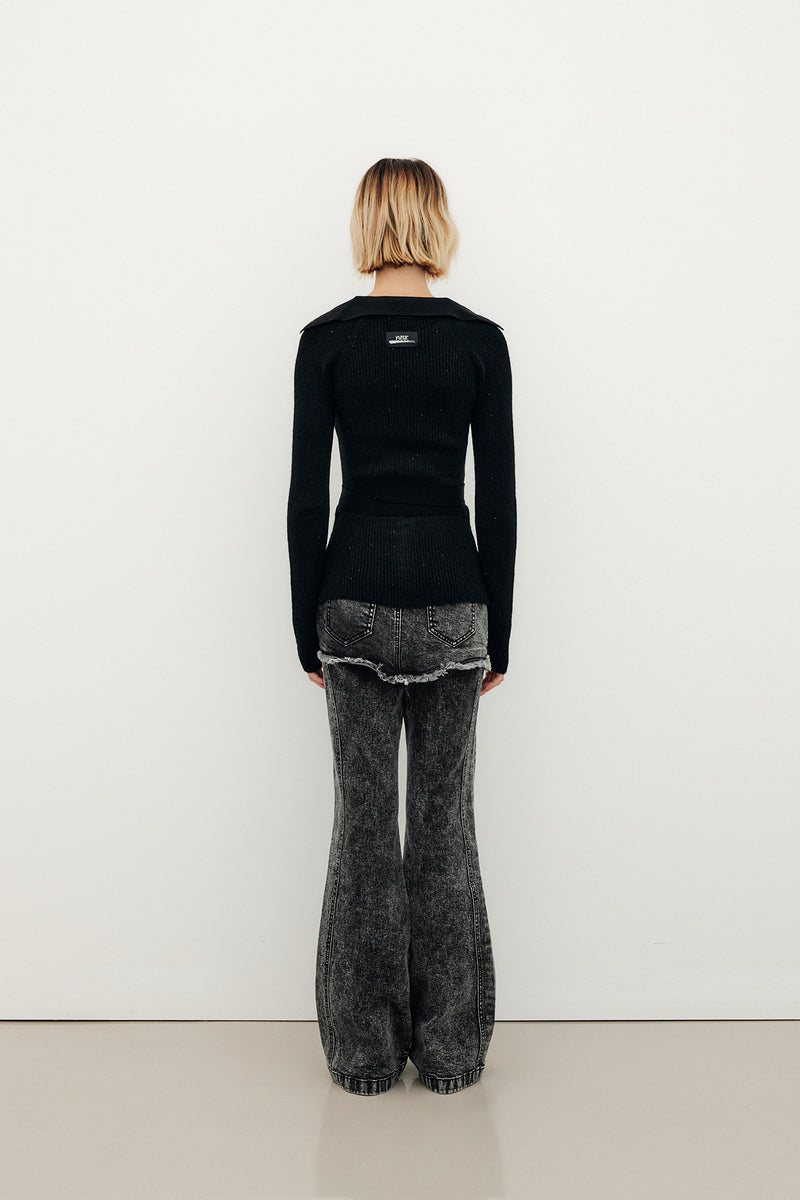 YUSE Glitter Cut Out Strap Knit Top Black