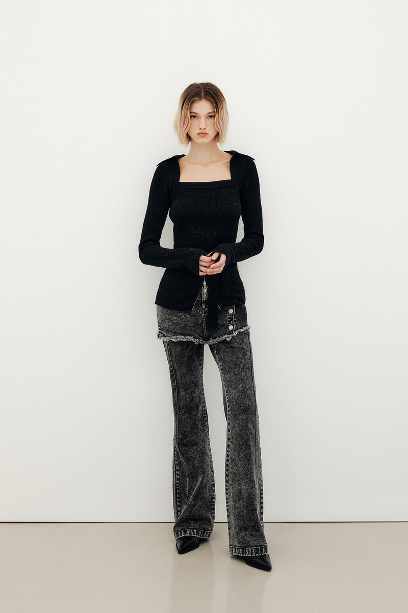 YUSE Glitter Cut Out Strap Knit Top Black
