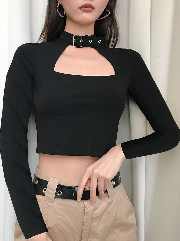 Cut Out Black Crop T Shirt Gothic Casual Basic Woman T shirt Tops Long Sleeve Tee Shirt Women Cool Streetwear