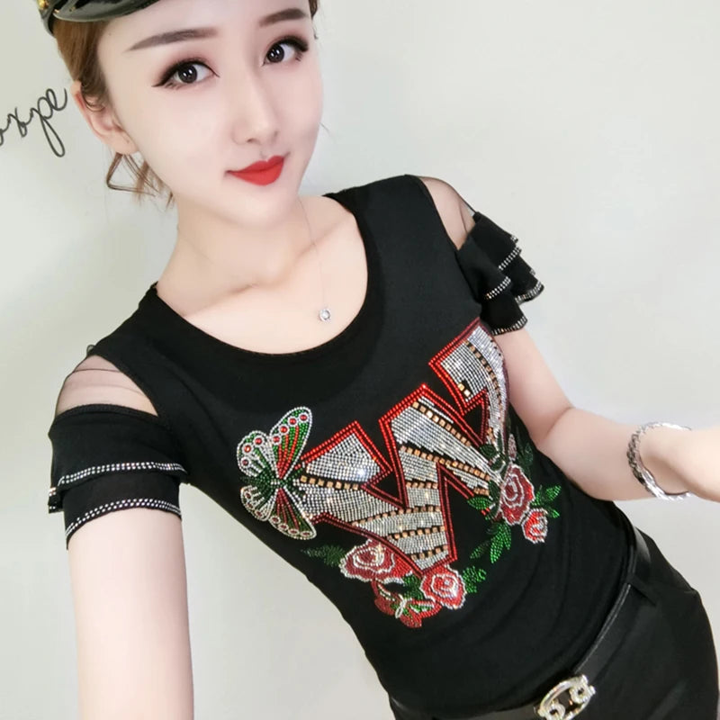 Chic Summer European T-Shirt - Sexy Backless Top with Hot Diamond Patchwork & Mesh Ruffles for Women