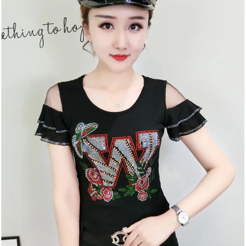 Chic Summer European T-Shirt - Sexy Backless Top with Hot Diamond Patchwork & Mesh Ruffles for Women