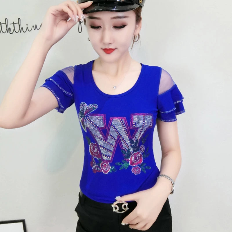 Chic Summer European T-Shirt - Sexy Backless Top with Hot Diamond Patchwork & Mesh Ruffles for Women