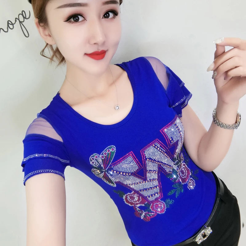 Chic Summer European T-Shirt - Sexy Backless Top with Hot Diamond Patchwork & Mesh Ruffles for Women